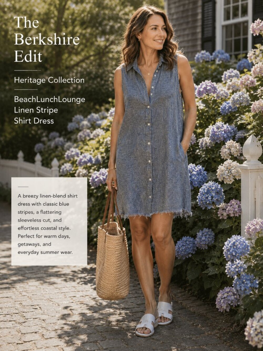 BeachLunchLounge Linen Stripe Sleeveless Shirt Dress Blue Small Coastal